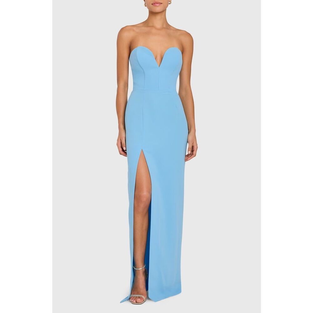 Amanda Uprichard Strapless Light Blue Maxi Dress with Front Slit
